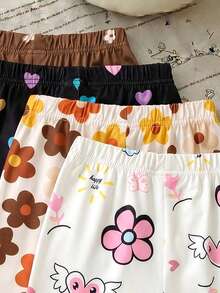 4pcs Girls Toddler Casual Versatile Soft Cute Floral, Ditsy, Heart And Little Sun Pattern Shorts, High Value, Suitable For Spring/Summer Casual Indoor Or Outdoor Play, Multi-Color Sweet Cute Print Shorts Versatile Basic Shorts For Spring/Summer Or All Seasons - Multicolor - View 4