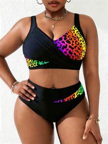 Slaydiva Conjunto de traje de baño de 2 piezas para mujer talla grande con bloques de color negro & rosa, camisola fruncida, separables, para vacaciones de verano en la playa - Multicolor - Ver 3