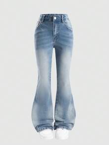 SHEIN Tween Girls Y2K Bohemian Vintage Washed Slim Fit Flare Jeans Soft Denim Pants Casual School Party Spring Autumn Back To School; Girls Light Blue Washed High Waist Micro Flare Wide Leg Jeans Summer Autumn Back To School Street Vintage Casual Versatile - Medium Wash - View 3