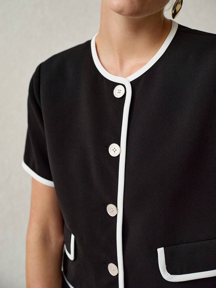 SUMMER CONTRAST TRIM SHORT SLEEVE SINGLE-BREASTED BUTTON-UP JACKET