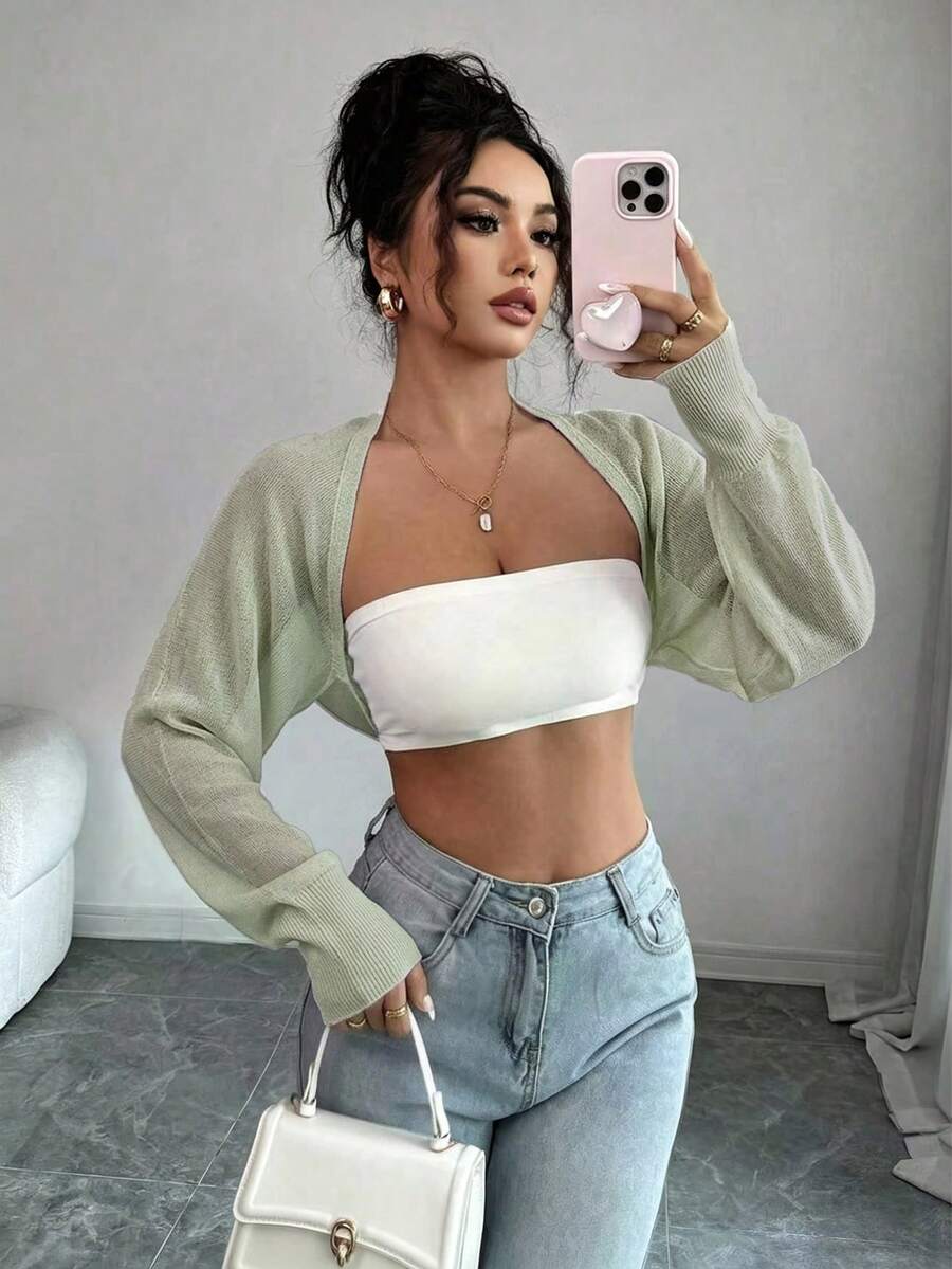 Rafferiza Cardigan Wanita Lengan Panjang Warna Polos Kasual Serbaguna untuk Perjalanan, Warna Hijau Sage, Musim Gugur - Mint Green - View 1