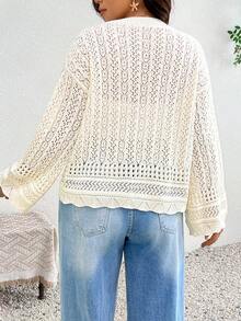 SHEIN Frenchy 大尺碼休閒手工編織3D花卉長袖開襟外套 - 杏色 - 查看 5