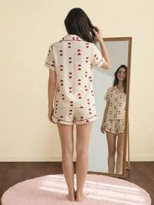 Zazumi Women's Heart Print Pajama Set - Cream Short Sleeve Button Down Nightwear Cute Summer Pj Set With Shorts - Red - View 3