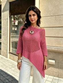 SHEIN Franclia Women's Solid Color Round Neck Hollow Design Asymmetric Hem Sweater Vacation Hot Pink Summer Casual - Hot Pink - View 5