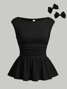 Girlism 青少年女孩背心與吊帶上衣，夏季青少年女孩露肩波點荷葉邊下擺T恤，優雅百搭波點上衣，波點荷葉邊上衣，適合日常通勤、優雅、派對、家庭聚會、畢業禮物、度假穿搭 - 黑色 - 查看 1