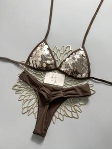 Swim Mod Summer Beach Women 2pcs Champagne Gold Sequin Fabric Triangle Tie Top & Ruched Bikini Bottoms Swimsuit Set - Brown - View 1