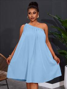 Slaydiva Plus Size Women's One Shoulder Sleeveless Solid Color Wide Leg Dress - Baby Blue - View 1