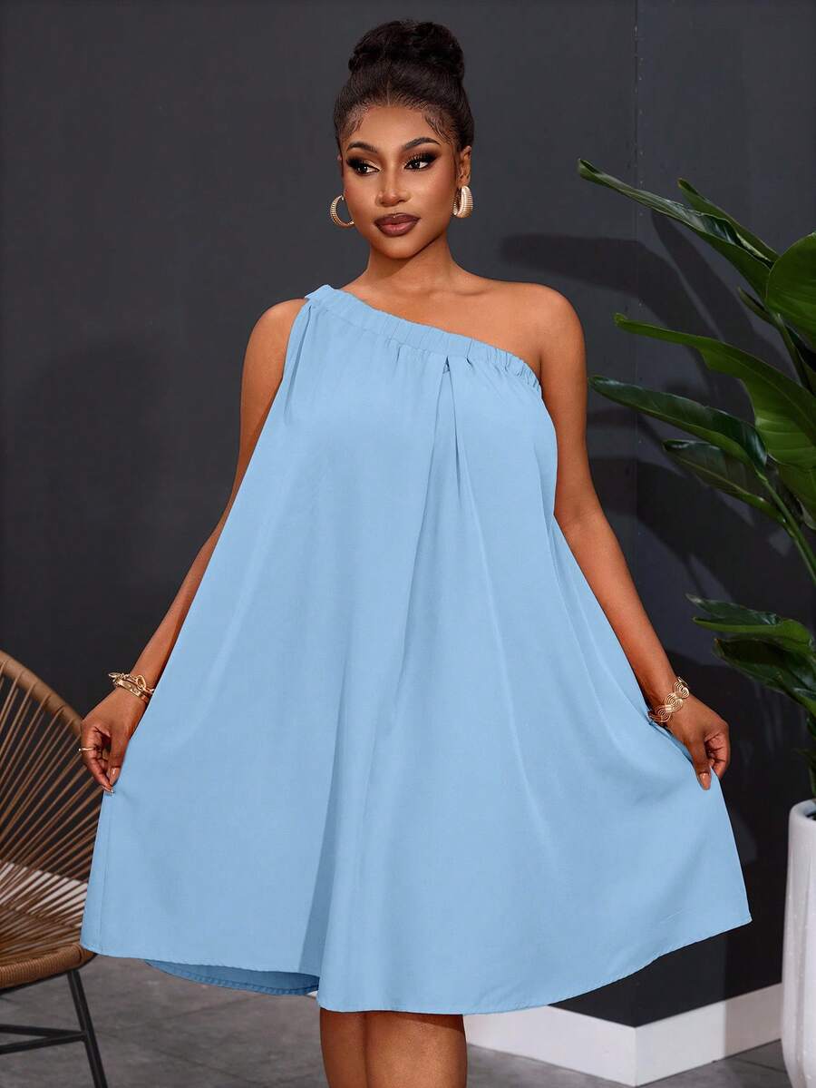 Slaydiva Plus Size Women's One Shoulder Sleeveless Solid Color Wide Leg Dress - Baby Blue - View 1