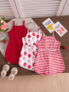 SHEIN 3pcs/Set Baby Girl Summer New Simple Butterfly Print Solid Color Ribbed Purple & Black 3D Bow Decor Casual Sleeveless Camisole Romper Shorts Set - Red - View 2
