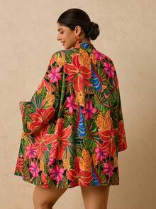 Travachic Plus Size Women's Apricot Ocean Fish Print Cover-Up, Mid-Length Sleeve Loose Kimono Top, Romantic Early Spring Beach Hot Spring Pattern Shirt - Multicolor - View 2