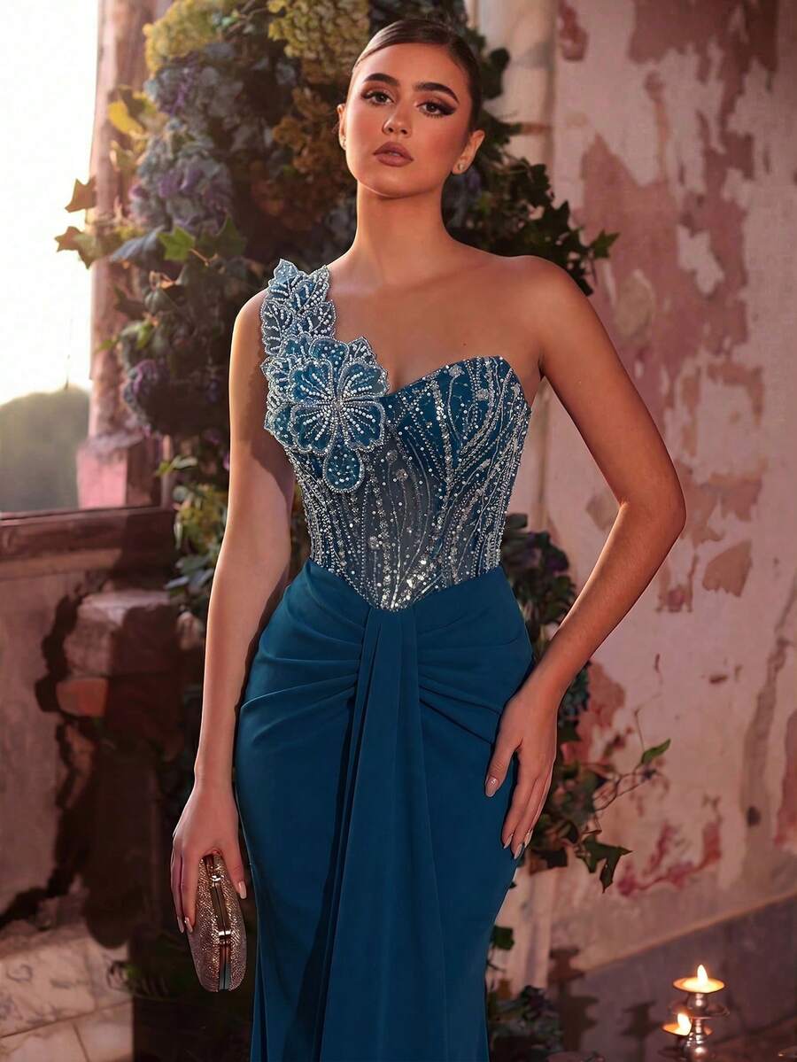 Glamrae Elegant Luxurious Beaded Sequin Floral Design Patchwork Stretch Knit Ruched Mermaid Skirt, Suitable For Wedding Events, Bachelorette Parties, Vacations, Proms, Evening Gowns (Heavy Workmanship Style) - Peacock Blue - View 1