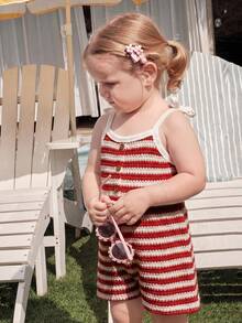 Cozy Pixies Baby Girl Contrast Color Striped Pattern Knit Soft Suspender Romper Shorts - Red - View 10