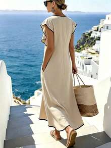 SHEIN Holidaya Đầm dài màu mơ với viền đen tương phản, cổ chữ V, gấu váy xếp ly và tay áo rộng cho nữ. - Màu be - Xem 2