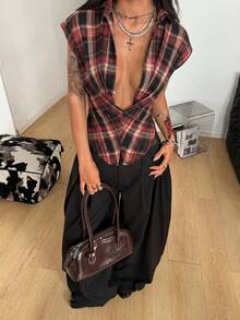 Coolane 女款夏季時尚格調性感街頭風 Y2K 回校季復古休閒演唱會約會之夜外出格紋深V領上衣 - 紅色 - 查看 5