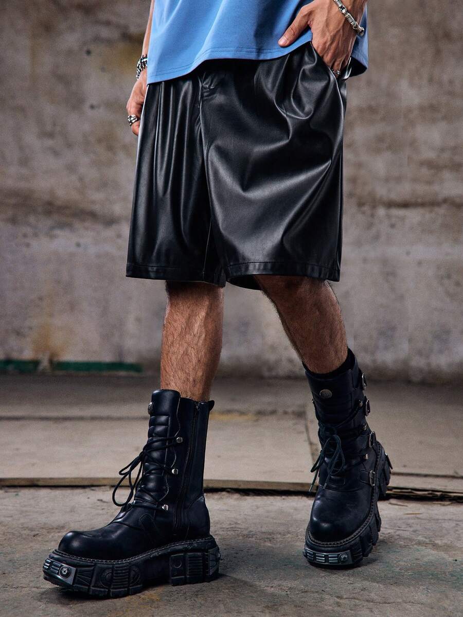 Men's Solid Color PU Leather Button Casual Versatile Daily Wear Shortsemo - View 1