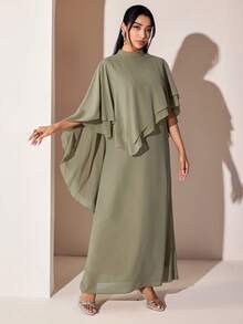 Veilorie Vestido árabe elegante de unicolor con cuello alto y diseño asimétrico para mujer - Verde - Ver 6