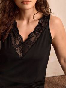 Charlaine Plus Size Solid Color V-Neck Lace Patchwork Sleeveless Top And Pants Summer Pajama Set - Black - View 7