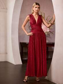 MOTF PREMIUM WOMEN'S SOLID COLOR TEXTURED FABRIC PLEATED KNOT SLEEVELESS FITTED WAIST DRESS - Red - View 6