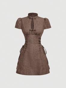SHEIN MOD New Chinese Style Cutout Frog Button Brown Short Dress - Brown - View 2