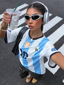 Muchica 女款條紋數字印花對比色圓領學院風T恤 - 彩色 - 查看 6