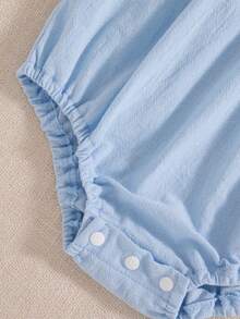 Vintaside Kids Baby Girls Spring/Summer Pure Apricot Romper, Cherry Embroidery Detail At Neckline, Sweet Minimalist Style, Comfortable Fit, Suitable For Daily Outings, Home Leisure, Casual Gatherings - Blue - View 5