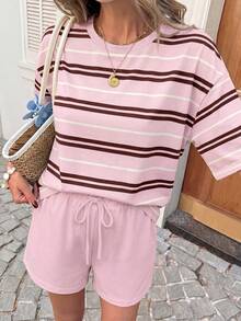 SHEIN LUNE Bộ đồ nữ 2 món cổ tròn vai trễ áo top và quần short dây rút, trang phục thường ngày mùa hè cho nữ - Nhiều màu - Xem 5