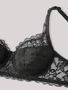 Hourtrue Sujetador con aro de encaje floral Lencería para el verano para el verano - Negro - Ver 4