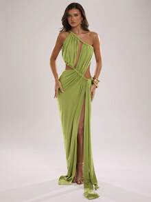 SHEIN BAE Spring/Summer Women's Casual Vacation Lime Green Asymmetrical Neck Waist Cut-Out Leg Slit Long Solid Color Dress, Suitable For Beach Night Out Club Sexy - Green - View 1