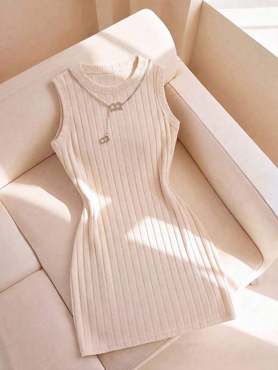 Resyla Vestido versátil de mujer de primavera/verano, nuevo y de gran vender, de tejido de punto suave con textura acanalada y ajuste ceñido - Caqui - Ver 1