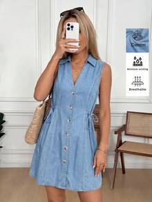 SHEIN LUNE Women's Lapel Single-Breasted Side Waist Tie Casual Sleeveless Denim Dress., Casual, Commuter, Date, Party, Elegant, Summer Outfits, Vacation, Holiday - Blue - View 4