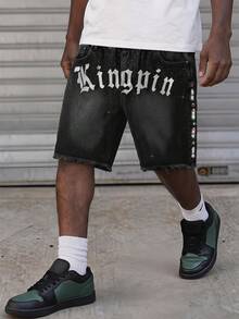 ROMWE MEN Street Life Quần short denim 5 inch in họa tiết cổ điển, đính đá lấp lánh, dành cho thiếu niên nam - màu đen - Xem 4