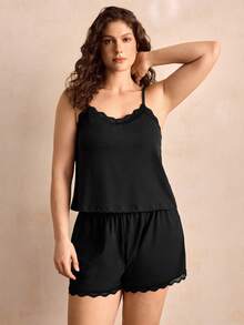 Charlaine Plus Size Pajama Sets Kontras Lace Plain - Hitam - View 4