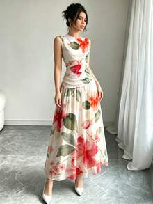 Modelyn 红色印花V领无袖长款连衣裙，女士时尚褶皱腰身长裙，白色花卉图案夏季度假优雅连衣裙 - 彩色 - View 5