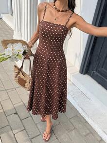 Serisse Women's Brown And White Polka Dot Print Spaghetti Strap Mid-Length Dress,Dresses For Women Summer Vacation French - Brown - View 7