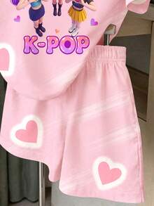 2件/套 少女甜美風 柔粉色 K-POP卡通可愛女孩與愛心圖案 少女休閒舒適圓領短袖T恤與短褲套裝 適合春夏日常穿著、外出、度假、校園、運動 - 彩色 - 查看 5