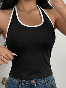 DAZY Sujetador deportivo con capa interior acolchada y recorte de contraste sin mangas para mujeres - Negro - Ver 4