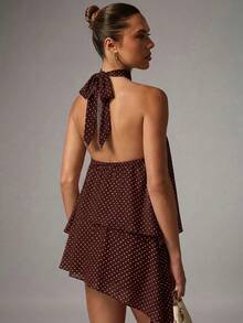 Avenya Brown And White Polka Dot Sleeveless Mini Dress With Flared Skirt Date Night Summer Ellegant - Multicolor - View 5