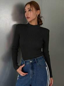 DAZY Women's Solid Stand Collar Long Sleeve Casual Business Pullover Sweater For Fall,Long Sleeve Tops - Black - View 9