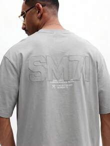 SUMWON Oversized Box Fit Crew Neck T-Shirt With SM71 Back Embroidered Logo Print Casual Streetwear Top - Grey - View 3