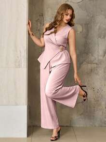 Franclia Plus Size Women's Elegant Solid Color Lace-Up Tank Top And Loose Pants 2-Piece Set - Pink - View 3