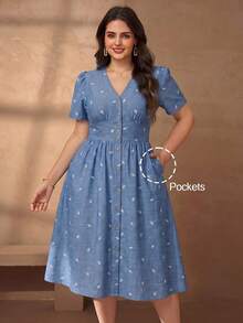 Chikora Đầm công sở thường ngày cổ chữ V chất liệu linen cotton thanh lịch cho nữ size lớn - Màu xanh lam - Xem 3