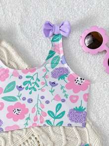 SHEIN Young Girl Multicolor Floral Print 3D Bow Decor Tank Top And Triangle Bottom Swimsuit Set - Purple - View 3
