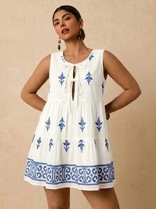 Travachic Plus Size Summer Sleeveless Tie Neck Allover Print Dress - Blue and White - View 5
