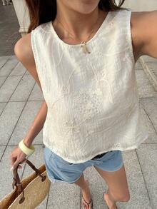 Serisse 女款夏季休閒度假風撞色打結露背刺繡花卉圖案無袖上衣 - 杏色 - 查看 7