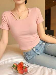 DAZY 女款圓領後背圓點布料拼接蝴蝶結繫帶裝飾鏤空性感甜美T恤 - 粉色 - 查看 4