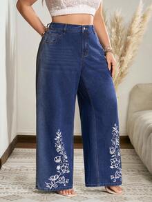 EMERY ROSE Women's Plus Size High Waist Wide Leg Embroidered Jeans Vacation Blue And White Summer Casual - Blue - View 4