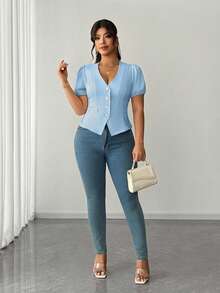 Elenzga Plus Size Women's Summer Solid Light Blue Deep V-Neck Lantern Short Sleeve Minimalist Blouse, Elegant Versatile Women's Clothing For Casual Daily - Blue - View 6