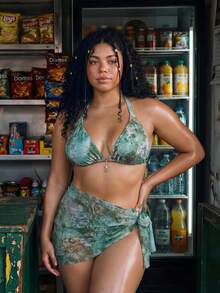 Swim Vcay 2026 Ny sommarstrandsemester 3-delat set för kvinnor, flerfärgat bikini set med halterneck, mönster och knytning, plus size baddräktset - Multifärgad - Visa 5