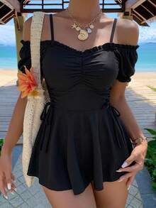 DAZY Solid Frill Trim One Piece Swimsuit Summer,Beach Women Outfits Vacation - Black - View 11