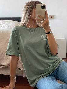 DAZY Letter Graphic Drop Shoulder Tee Summer Oversized T-Shirt Easter - Green - View 14